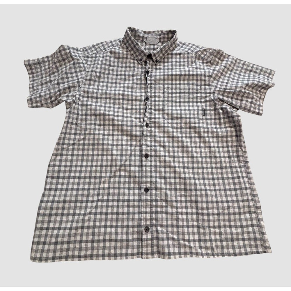 Columbia Mens Large Gray White Check Short‎ Sleeve Button Up Shirt 100% Cotton